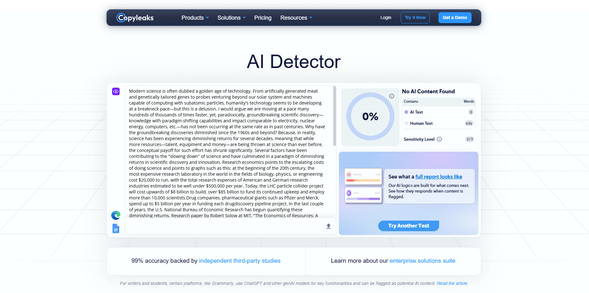 Copyleaks AI detection test result showing human-written