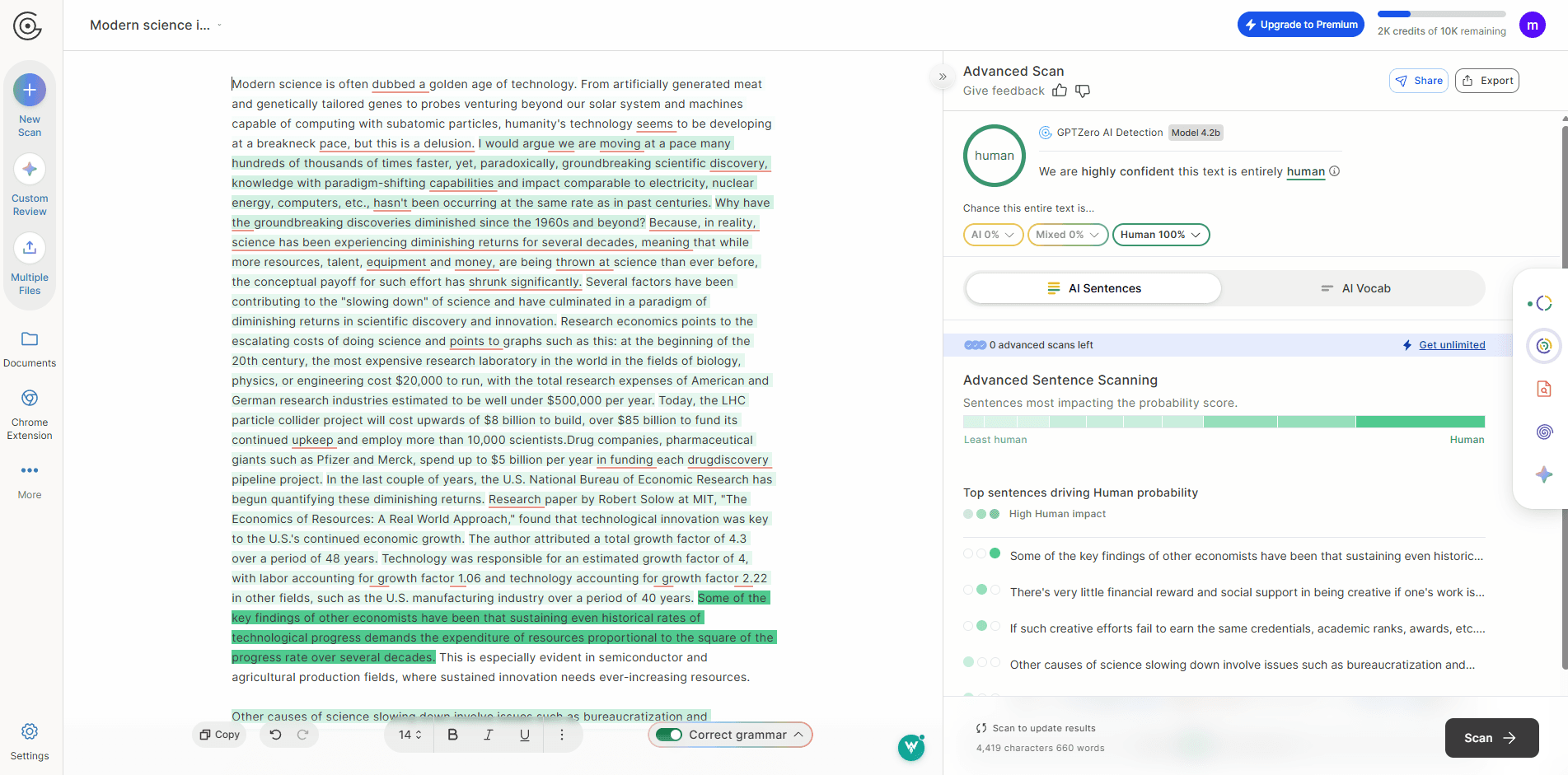 GPTZero AI detection test result showing human-written