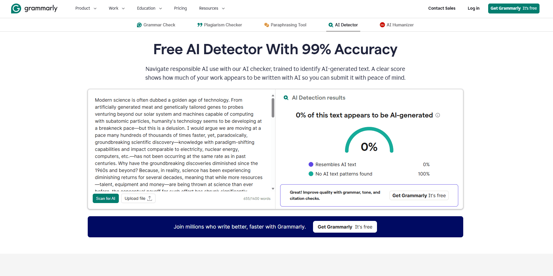 Grammarly AI AI detection test result showing human-written