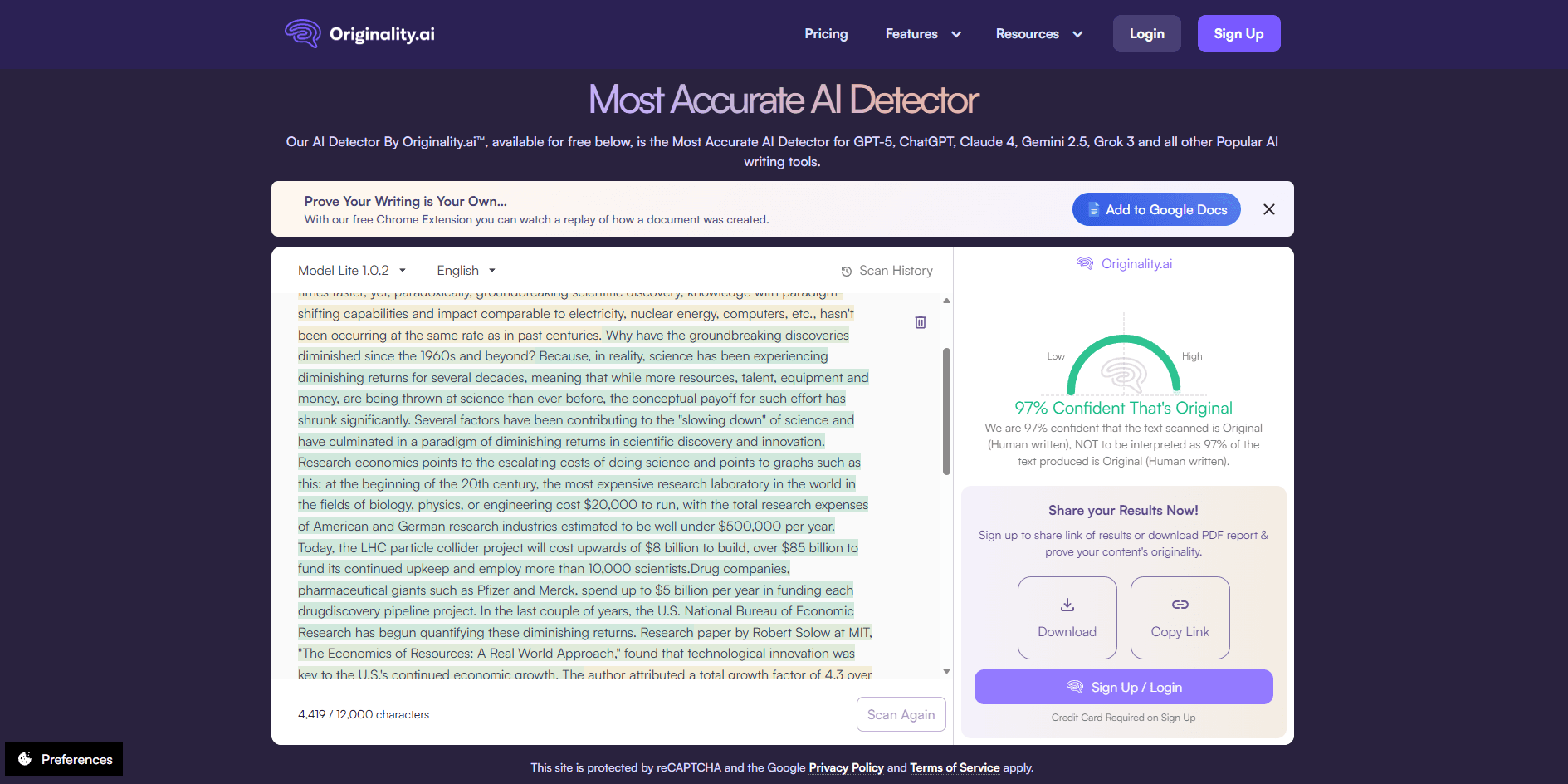 Originality.ai AI detection test result showing human-written