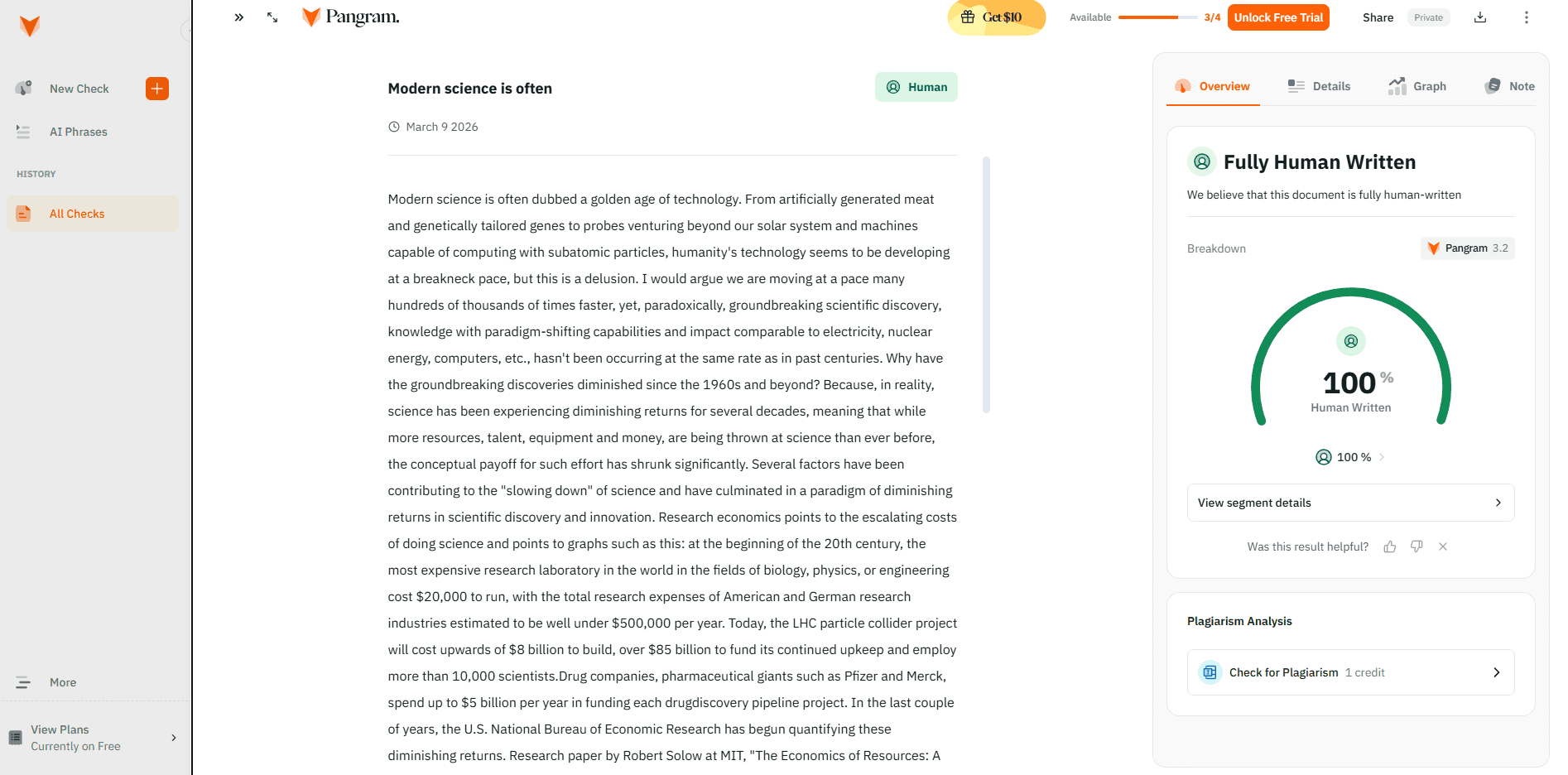 Pangram AI detection test result showing human-written