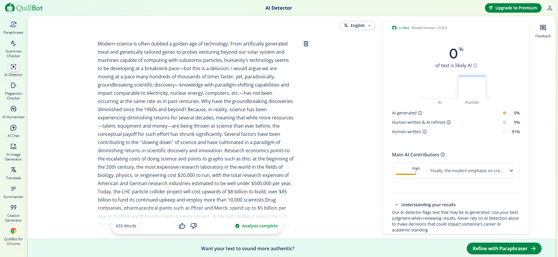 QuillBot AI detection test result showing human-written