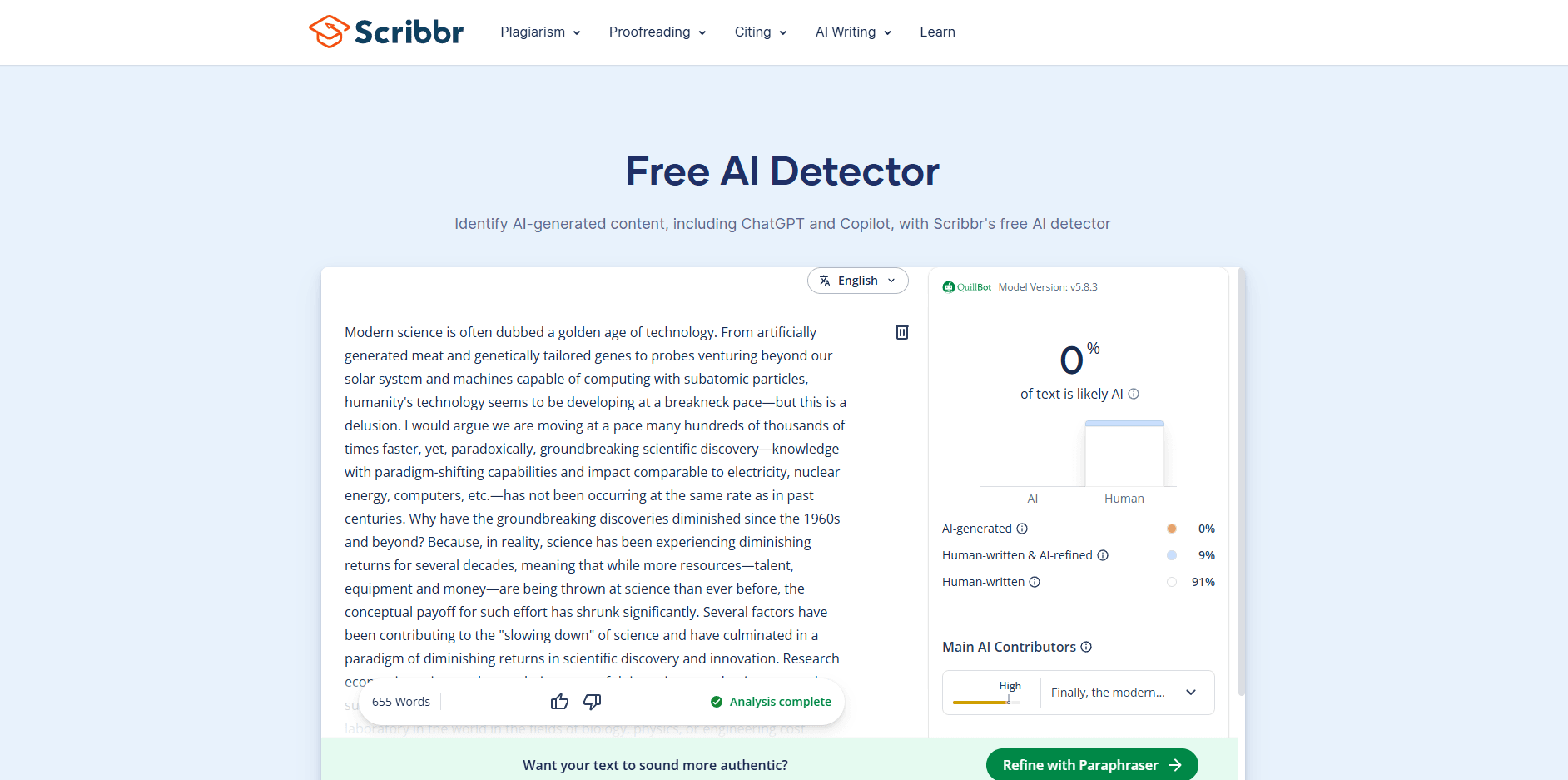 Scribbr AI detection test result showing human-written