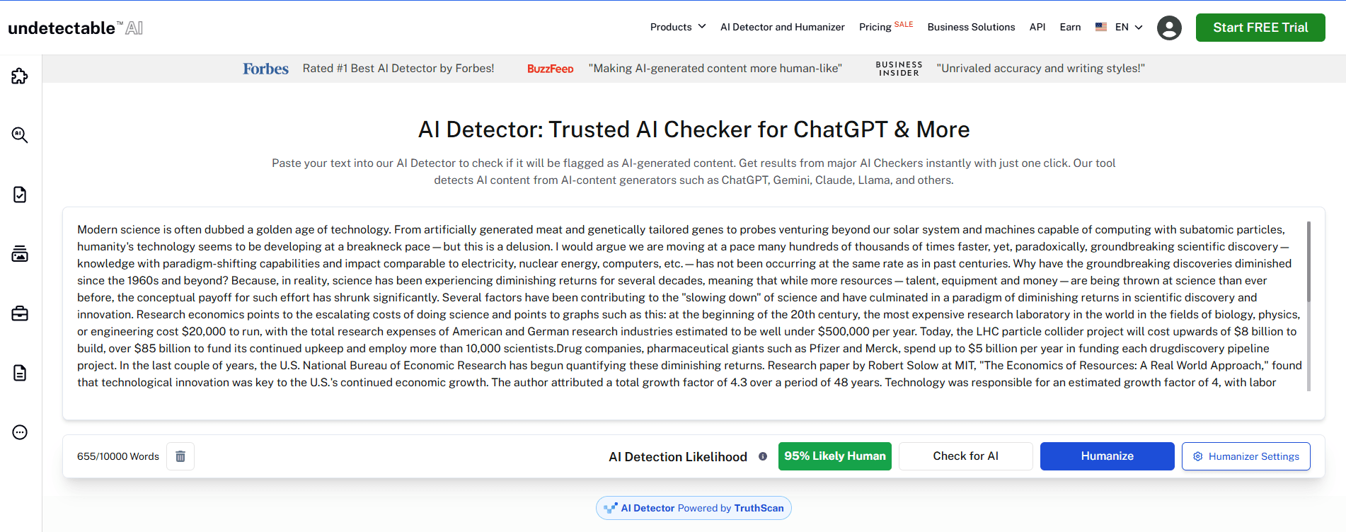 Undetectable.ai AI detection test result showing human-written